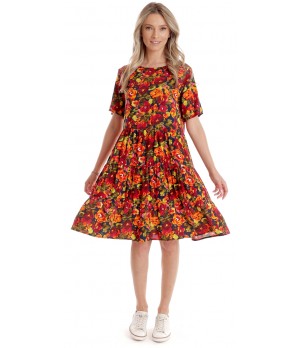 Rochie cu Volane Dama V279, Rosu cu imprimeu multicolor