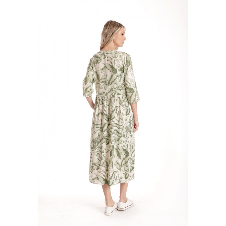 Rochie Lunga Dama V271, crem cu imprimeu floral verde