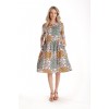 Rochie Medie Dama V275, Imprimeu Combinat Crem, Mustar si Verde