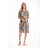 Rochie Medie Dama V275, Imprimeu Combinat Crem, Mustar si Verde